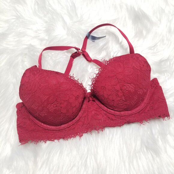 Aerie | Red Floral Lace Real Power Plunge Underwire Bra Convertible Back 32B - Picture 1 of 8